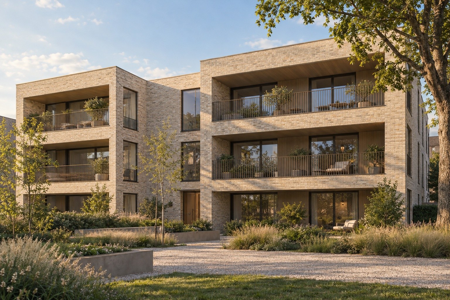 Conceptbeeld van een residentieel appartementsgebouw met warme baksteen en terrassen