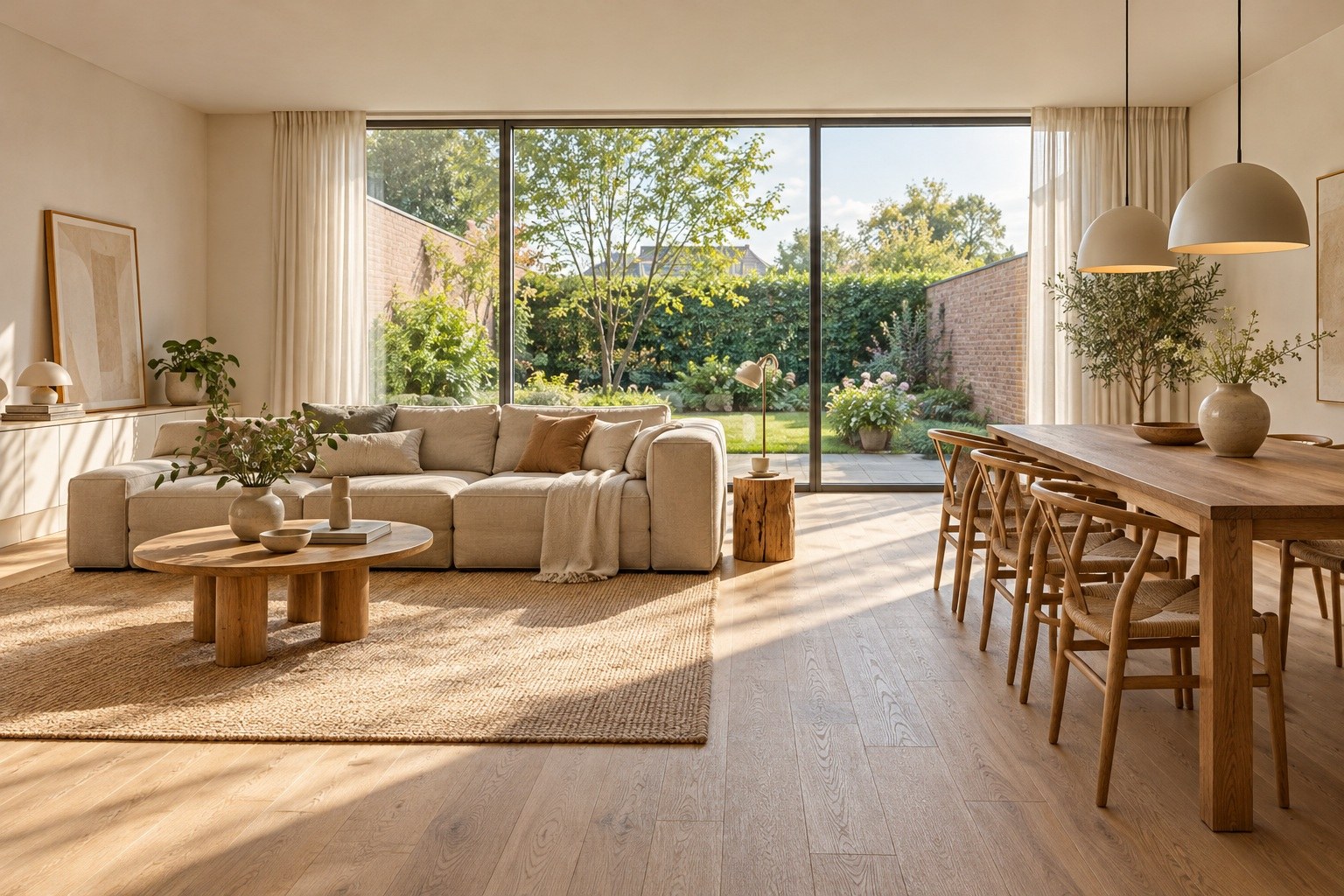 Conceptbeeld van een lichte woonruimte met uitzicht op een tuin
