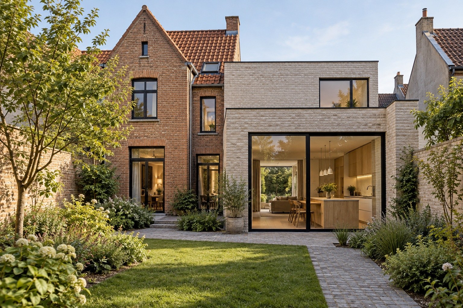 Conceptbeeld van een vernieuwde Belgische stadswoning met een hedendaagse uitbreiding